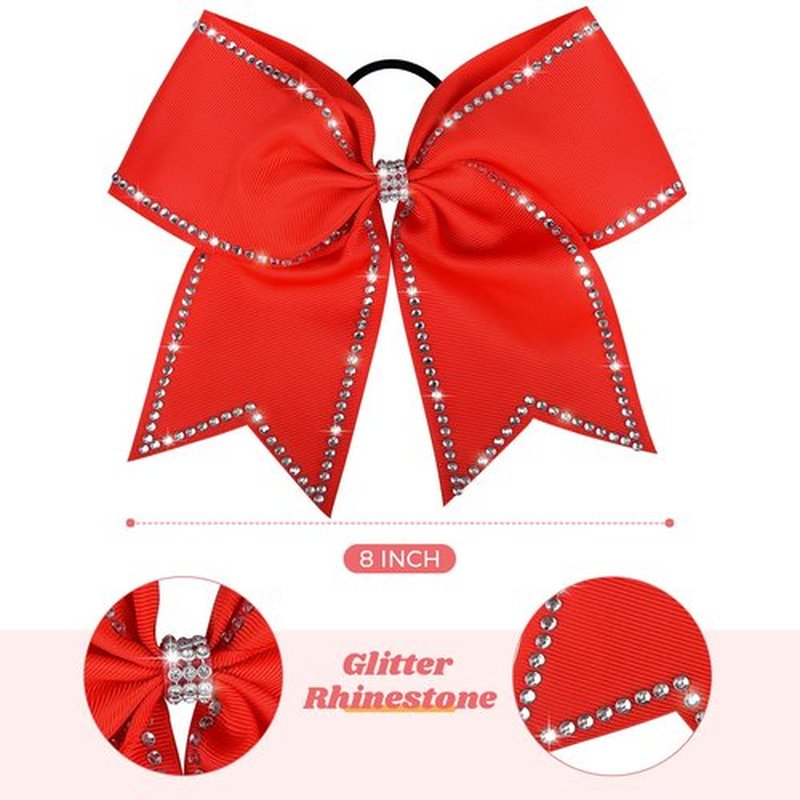 DEEKA 10 PCS 8" Rhinestones Large Cheer Hair Bows Glitter Cheer Ponytail Holder Handmade for Teen Girls Softball Cheerleader Sports -Red