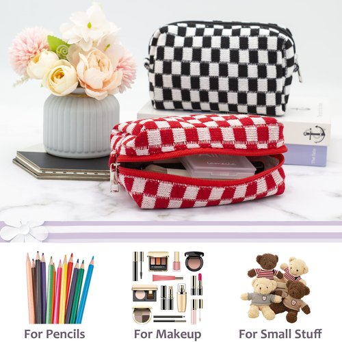 PAZIMIIK Checkered Makeup Bag for Purse Portable Zipper Make Up Pouch Small Cosmetic Case for Travel Accessories (Red)
