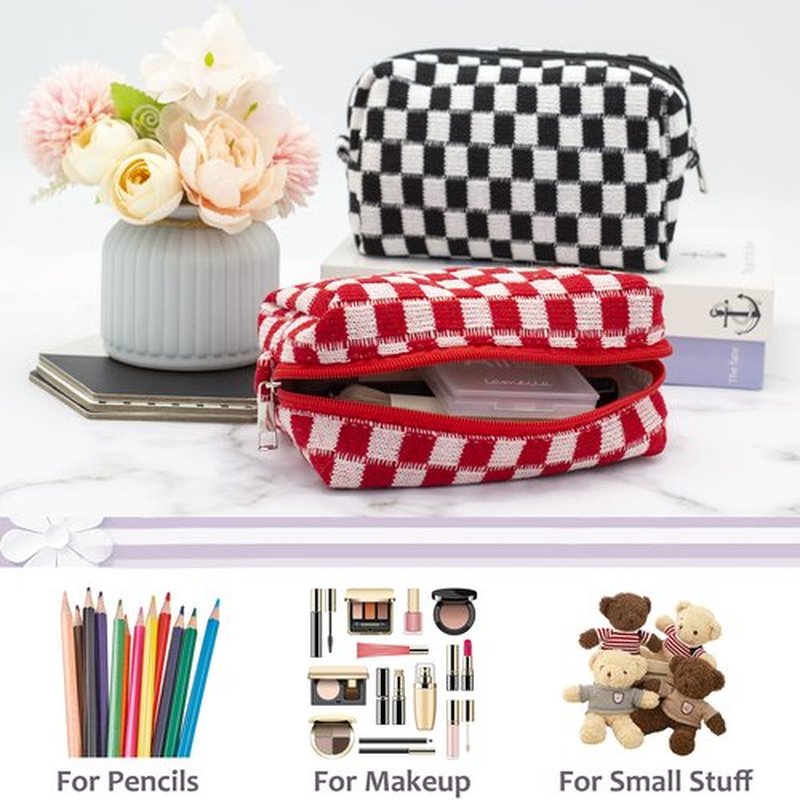 PAZIMIIK Checkered Makeup Bag for Purse Portable Zipper Make Up Pouch Small Cosmetic Case for Travel Accessories (Red)