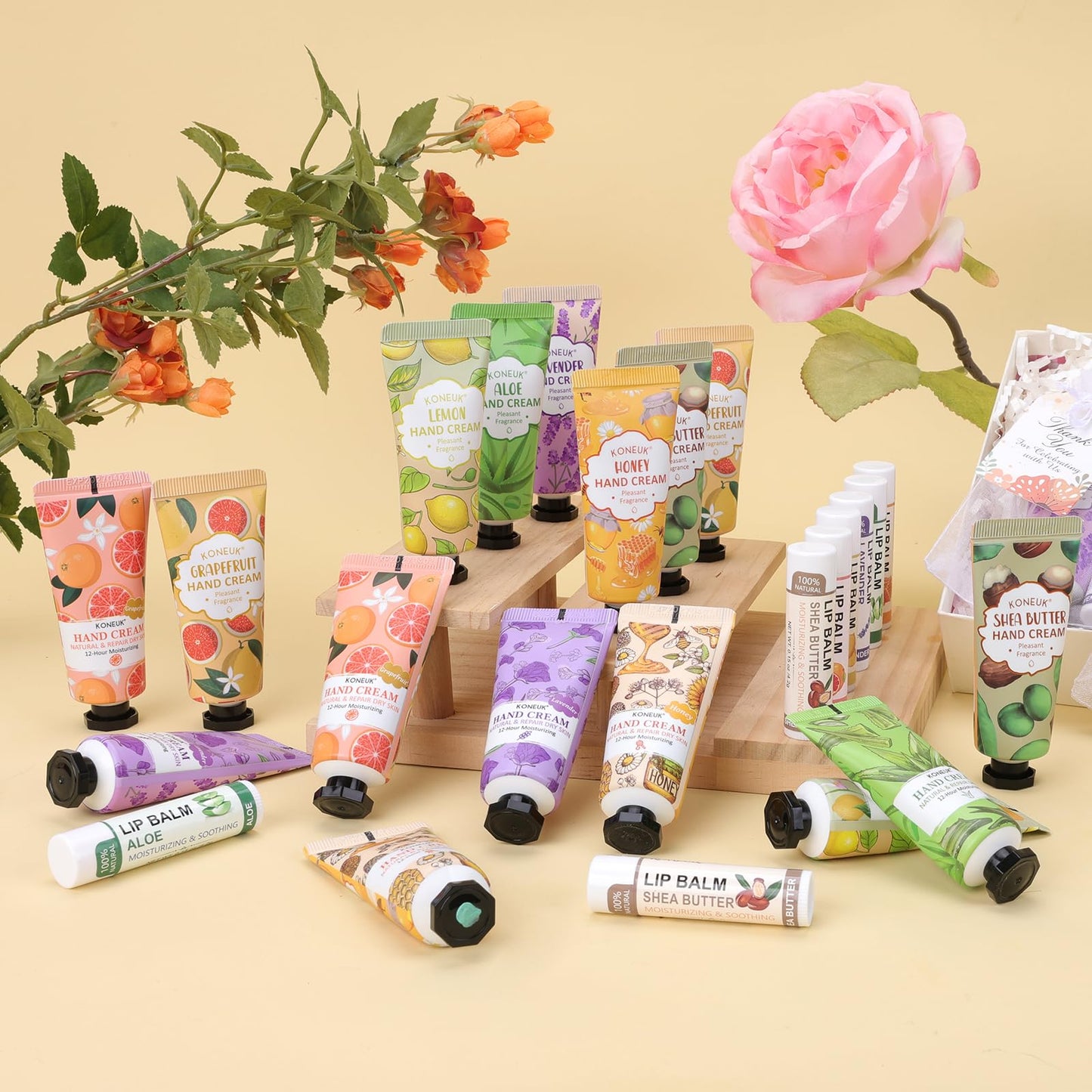 KONEUK 36 Pack Hand Cream Bulk and Lip Balm Bulk Sets, Party Favors, Thank You Gifts and Birthday Gifts with Thank You Card Organza Bags, Teacher Appreciation Gifts and Bridal Shower Favors