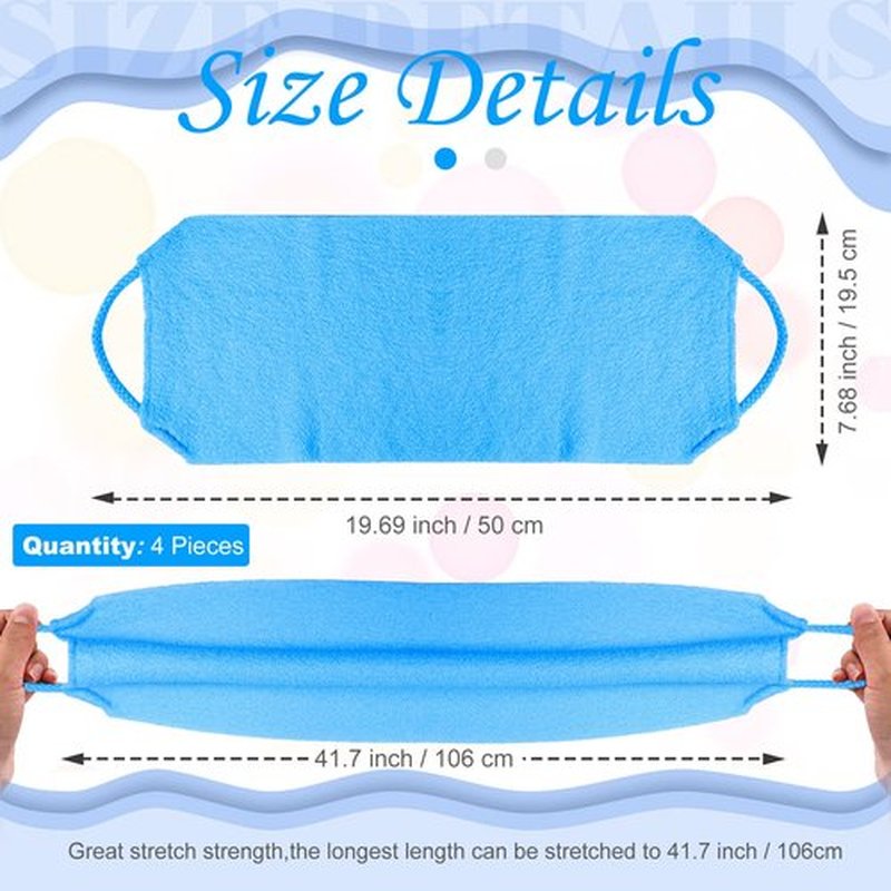 Moukeren Exfoliating Back Scrubber with Handles 4 Packs Nylon Back Exfoliator Extended Length Back Washers Scrubbers Stretchable Pull Strap(Dark Blue, Gray, Beige, Fluorescent Green)
