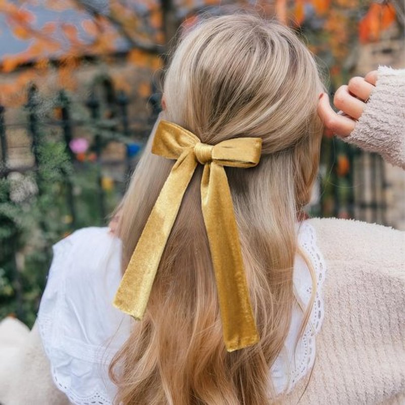 CEELGON 3 PCS Long Tail Velvet Hair Bows Hair Bow Set for Toddler Girls Long Ponytail Knot Bows Alligator Clip Hair Accessories for Girls and Women (Gold, Orange Brown, Dark Brown)