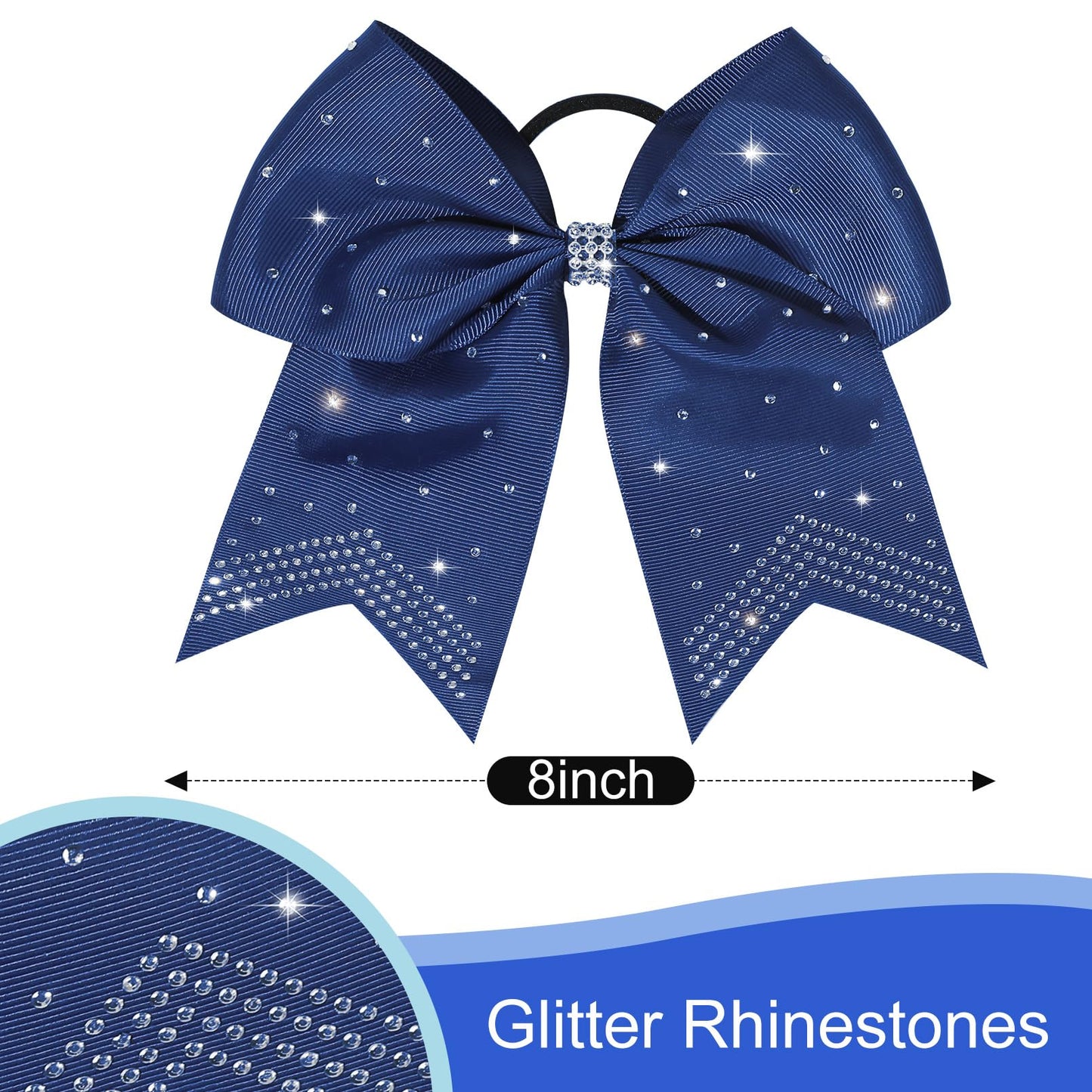 CEELGON Large Rhinestones Cheer Bows, 12 PCS Glitter 7" Cheer Bows Ponytail Holder for Cheerleaders Girls Softball Sports Competition, Navy with Full Rhinestone