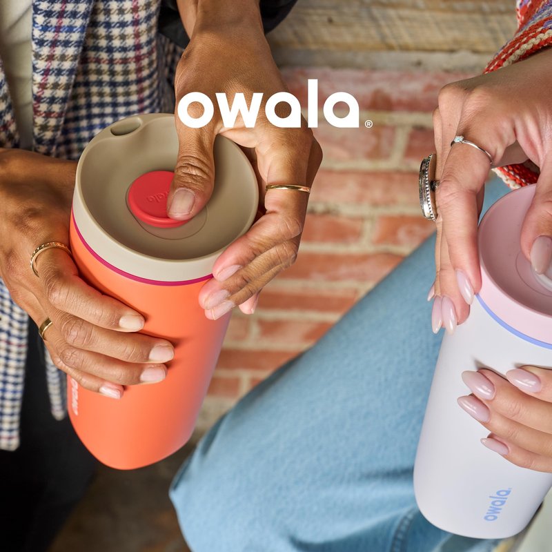 Owala SmoothSip Slider Insulated Stainless Steel Coffee Tumbler, Reusable Iced Coffee Cup, Hot Coffee Travel Mug, BPA Free 12 oz, Grey/Blue (High Dive)