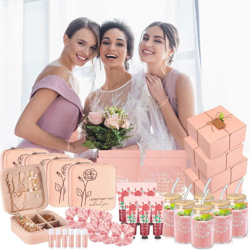 Teenyyou 60 Pcs Bridesmaid Proposal Gifts Bridesmaid Box Set Maid of Honor Gift Wedding Bridal Shower Include Jewelry Box Glass Cup Scrunchies Hair Knotted Bracelets Hand Cream Lip Balm Cards(Pink)