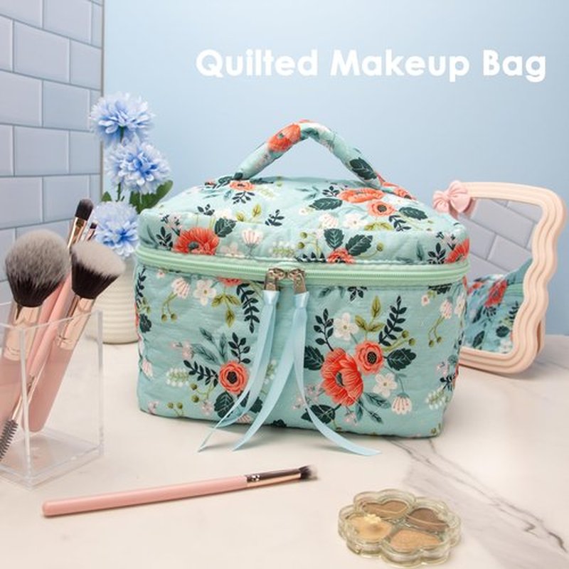 PAZIMIIK Cotton Makeup Bag for Women Large Quilted Travel Cosmetic Case Girls' Make Up Organizer,Flower Green