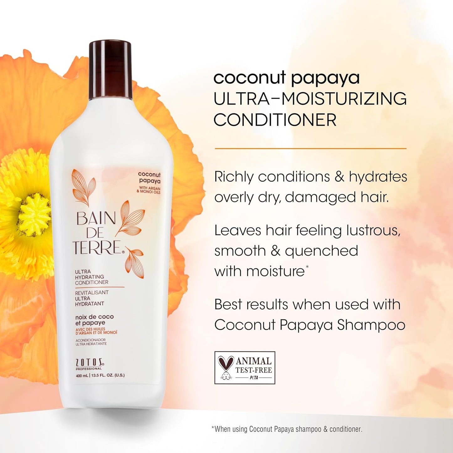 Bain de Terre Coconut Papaya Ultra Hydrating Shampoo, Moisture Quench for Dry, Damaged Hair, with Argan & Monoi Oils, Paraben-Free, Color-Safe, Vegan