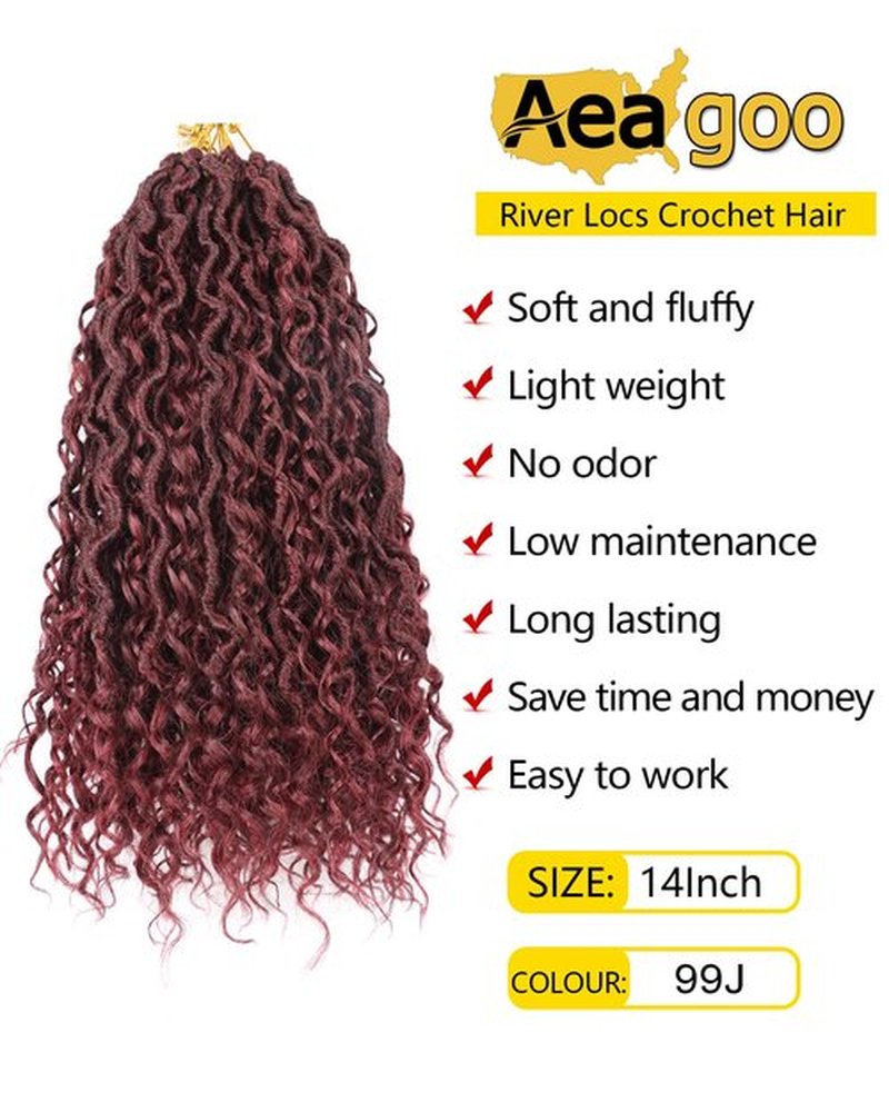 14 Inch Bugrundy Crochet Hair Goddess Locs 7 Packs Bohemian Locs Crochet Hair with Curly Ends Pre Looped Soft Faux Locs Crochet Hair for Black Women River Locs Crohet Braids(14 Inch,99J)