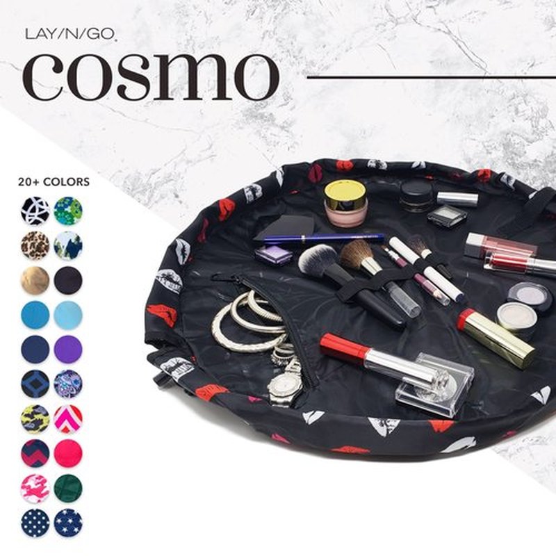 Lay-n-Go Cosmo Drawstring Cosmetic & Makeup Bag Organizer - Portable Drawstring Makeup Bag w/Zipper Pocket, Makeup Loops & More - Durable, Machine Washable Makeup Bag for Travel (20”, Lips/Black)
