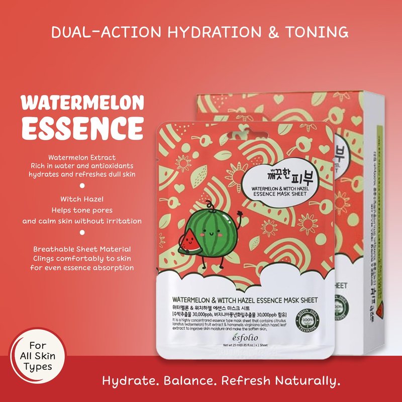 esfolio Pure Skin Face Sheet Mask - Hydrating Korean Face Mask for Dark Spots, Pore Care, Oil Control and Improves Skin with Moisturizing and Soothing (Watermelon)