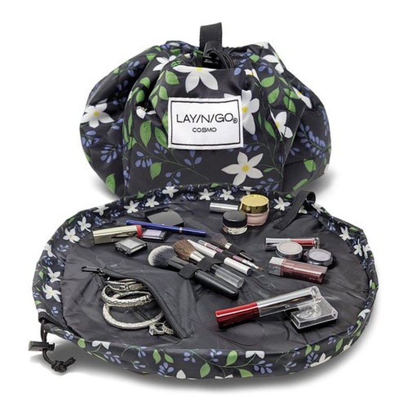 Lay-n-Go Cosmo Drawstring Cosmetic & Makeup Bag Organizer - Portable Drawstring Makeup Bag w/Zipper Pocket, Makeup Loops & More - Durable, Machine Washable Makeup Bag for Travel (20”, Floral Large)