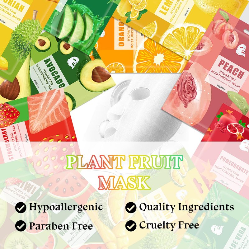 ZZCQzeze 10PCS Hydrating Face Masks,Moisturizing Facial Masks for Women and Men,Fruit Overnight Facial Sheet Mask,Lightweight and Non-greasy Face Sheet Mask for All Skin Type 04
