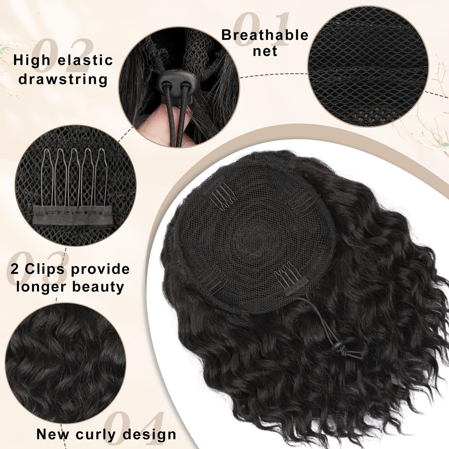 SHNMIN Ponytail Extension, Curly Drawstring Ponytail Extension for Women 8 Inch Curly Wavy Ponytail Yaki Textured Natural Fluffy Synthetic Hairpiece for Daily Use