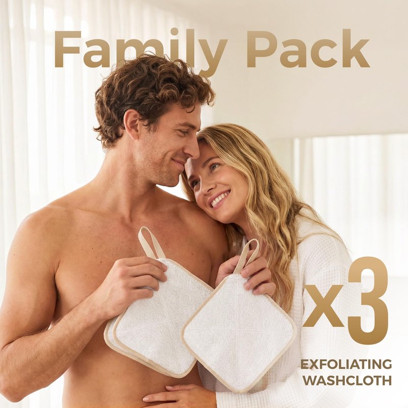 ZOMCHI Exfoliating Washcloth for Face and Body, Dual Function Wash Cloth with Soft and Rough Sides, Exfoliating Scrub Bath Towels, Washcloth with Loop (White, 3 Pack)