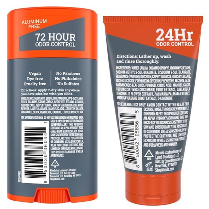 Mando Smooth Solid Stick (2.6 Ounce) + Acidified Body Wash (1.5 Ounce) - Clinically Proven to Block Odor All Day - Whole Body Safe For Pits, Packages + Feet (Mt Fuji)