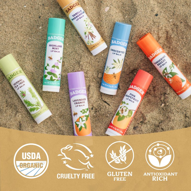 Badger Vanilla Madagascar Classic Lip Balm, 100% Organic Lip Balm, Long Lasting Lip Care w/Light Silky Texture, Comforting & Relaxing, 4 Pack