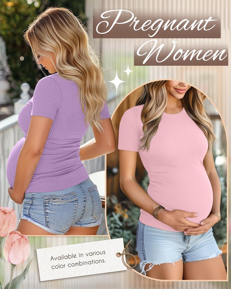 Ficerd 3 Pack Maternity Shirts for Women, Cotton Ribbed Pregnancy Tops Short Sleeve Side Ruched Summer Casual Mama Clothes(Medium,Light Sky Blue, Light Purple, Light Pink)