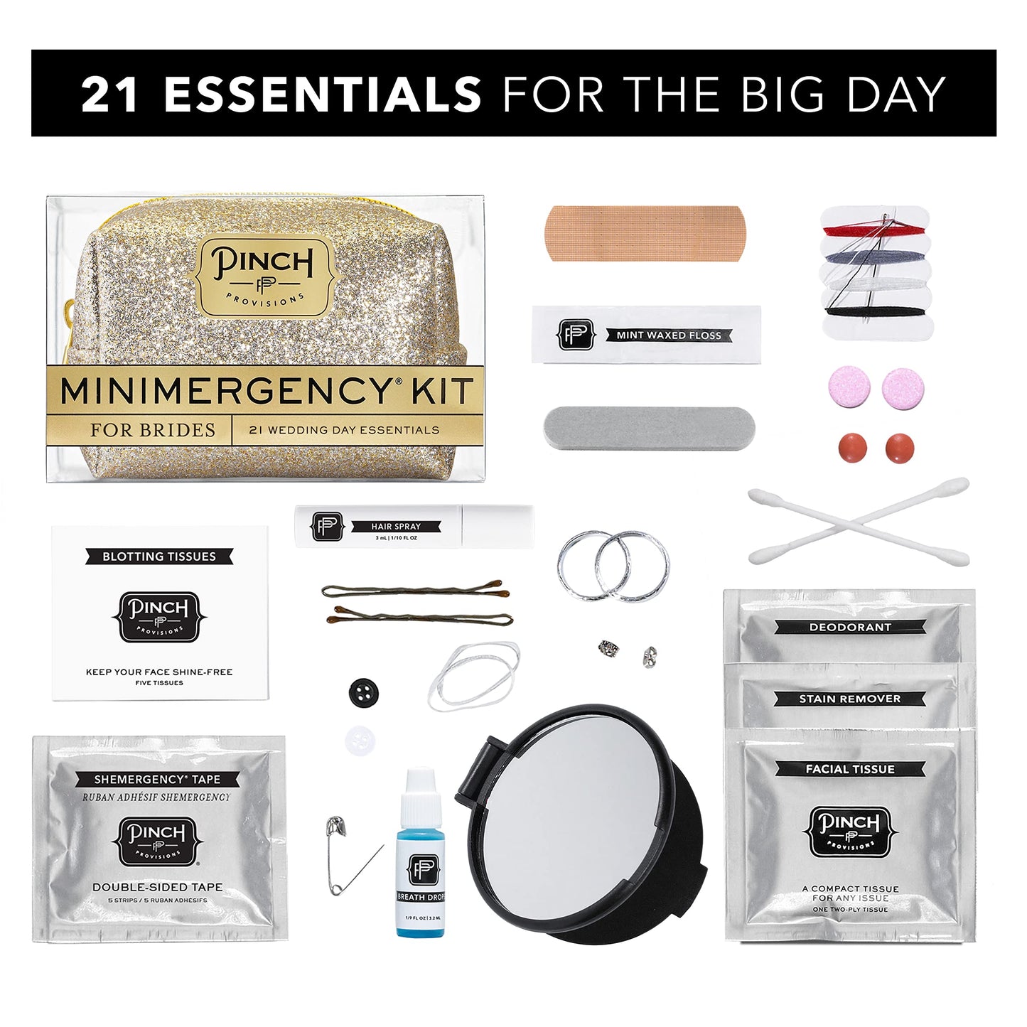 Pinch Provisions Champagne Glitter Minimergency Kit for Brides, Includes 21 Must-Have Essential Items for The Big Day, Compact, Multi-Functional Zipper Pouch, Perfect Survival Kit for Team Bride