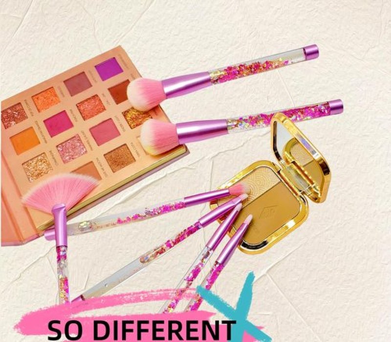 RAEEIKPHZ Sparkle Pink Makeup Brushes Set,Unicorn Glitter 7pc Foundation Blush Lip Nose Eyeshadow Eyebrow Loose Powder Fan Make Up Brushes Kit with Liquid for Kids Girls Teen Women Gift Present