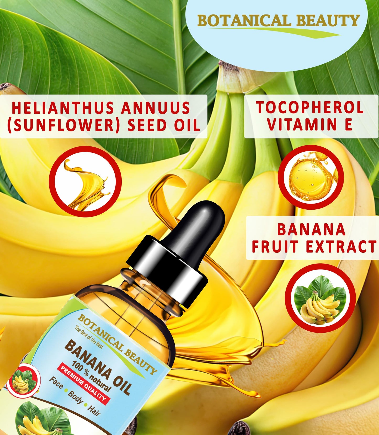 Botanical Beauty BANANA OIL 100% Natural Pure Virgin Unrefined Cold Pressed Carrier Oil for Face, Skin, Hair, Lip, Nails for Dry, Sensitive, Normal Skin 0.5 Fl Oz 15 ml