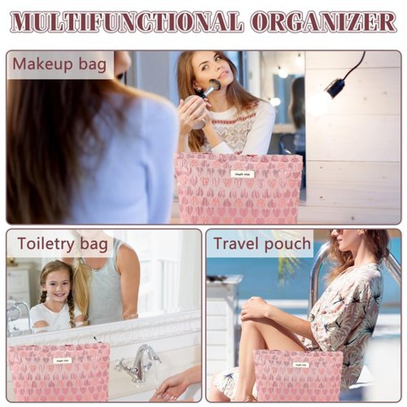 ZLFSRQ Heart Makeup Bag Travel Cute Cosmetic Bags for Women Large Makeup Pouch Zipper Cosmetic Pouch for Purse Aesthetic Embroidery Makeup Organizer Bag Portable Toiletry Bag(Pink)