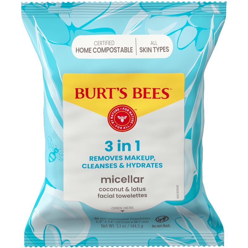 Burt’s Bees Micellar Coconut & Lotus Facial Towelettes, 100% Plant Based Cloths; 99% Natural Origin; Remove, Makeup, Cleanse, Hydrate; No Greasy, Oily Residue; All Skin Types (Pack May Vary)