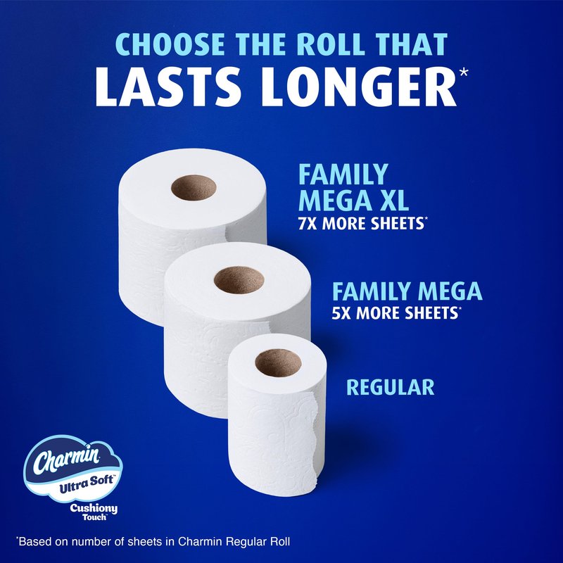 Charmin Ultra Soft Cushiony Touch Toilet Paper, 30 Family Mega = 153 Regular Rolls, 2-Ply, White