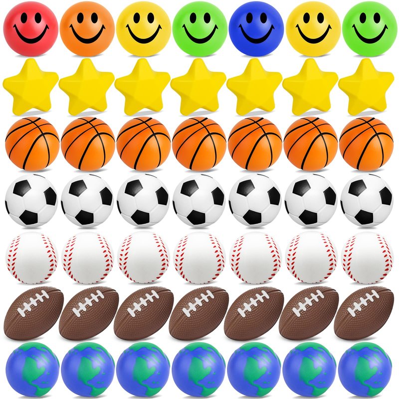 60 Pcs Sports Balls Bulk Kids Small Mini Stress Ball for Party Favor Toy, Including Basketball, Baseball, Football, Globe, Soccer, Star, Smile for Stress Relief School Prizes Carnival Fillers Gift