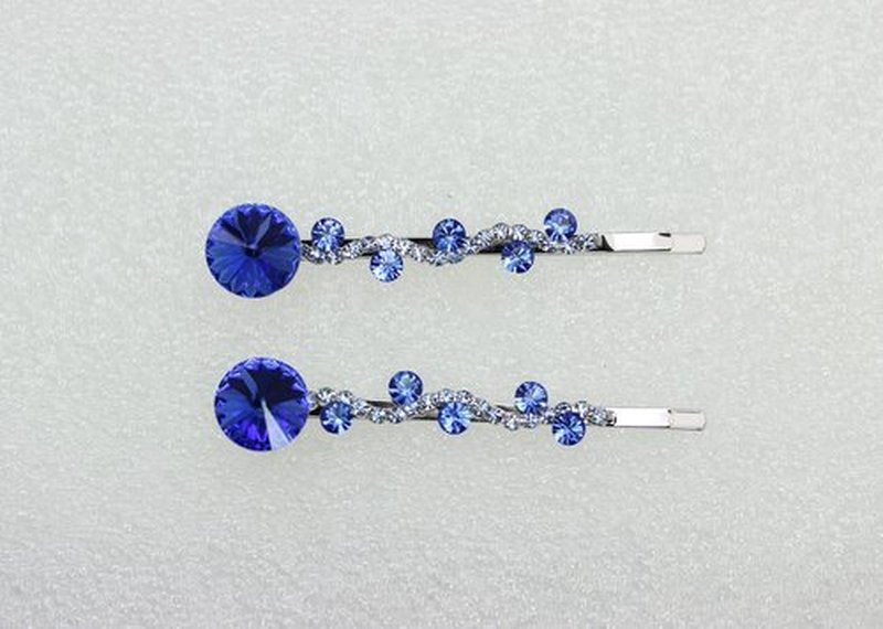 Faship A Pair Of Blue Premium Rhinestone Crystal Floral Hair Clips 2 Pcs Pins - Blue