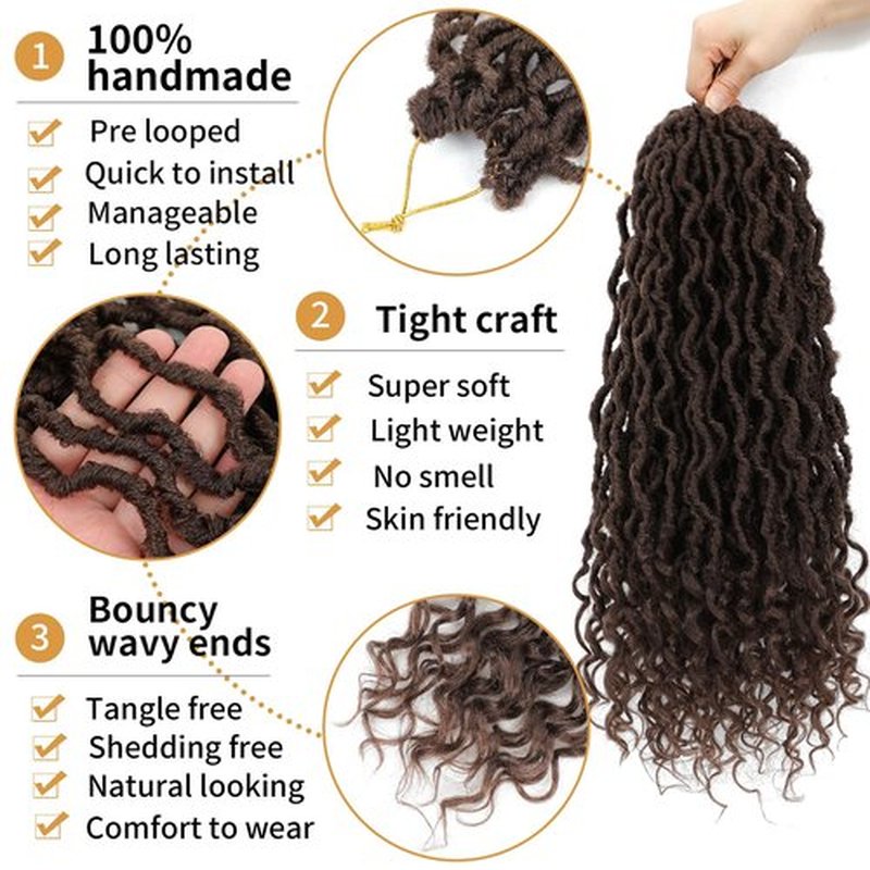 Goddess Locs Crochet Hair 18 Inch 6 Packs Color 33 Faux Locs Crochet Hair Pre Looped Crochet Faux Locs with Curly ends(33#, 18 Inch, 6 Packs)