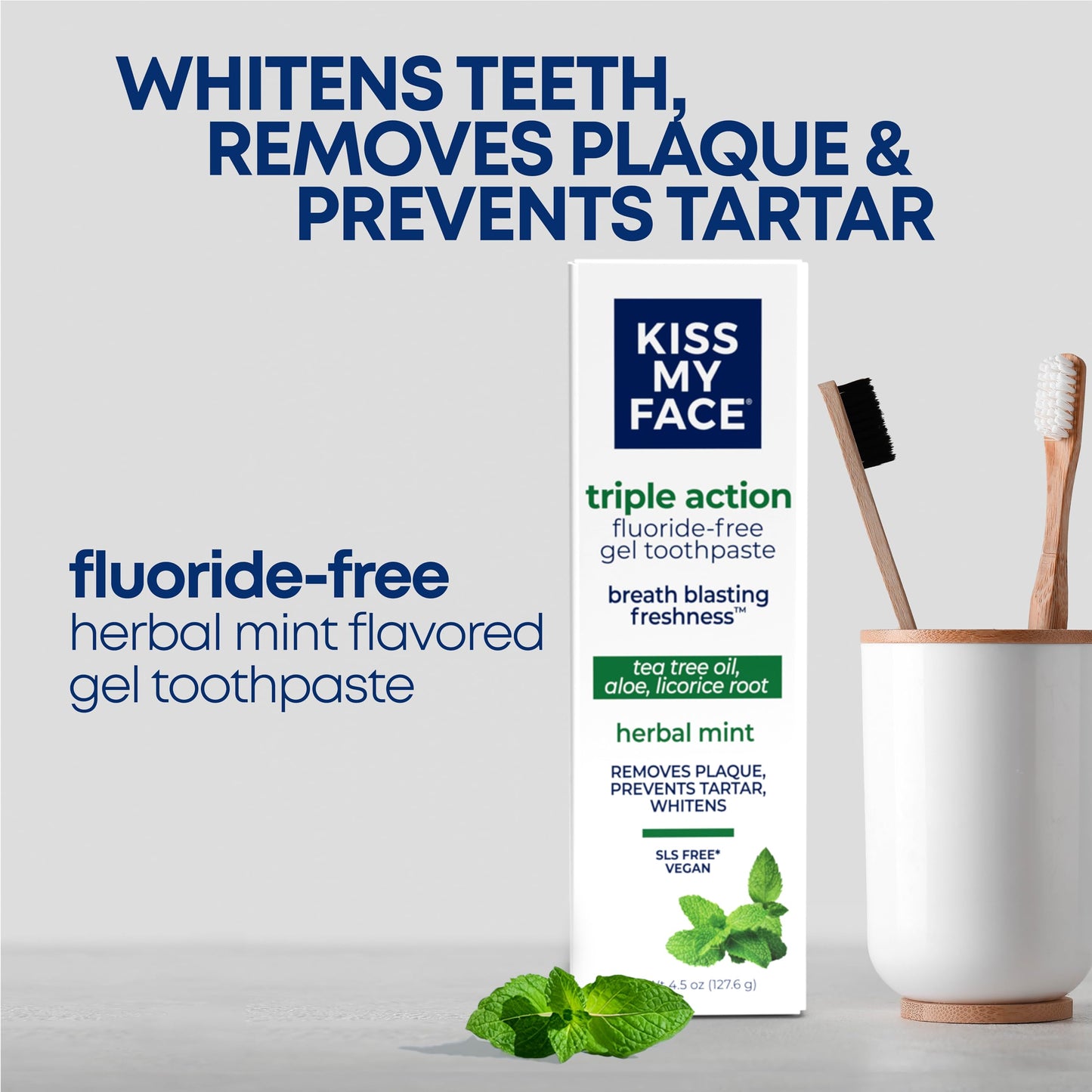 Kiss My Face Triple Action Toothpaste Gel, Herbal Mint Flavor, Removes Plaque, Whitens Teeth, Prevents Tartar, with Tea Tree Oil and Aloe, Fluoride Free, Vegan, 4.5 oz, 3 Pack