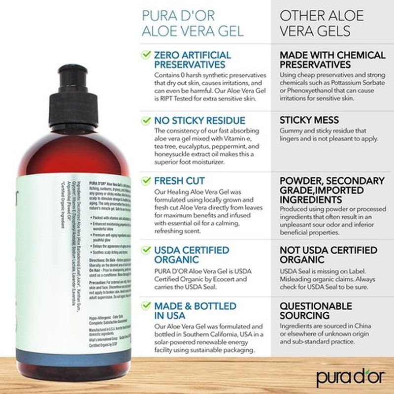 PURA D'OR ORGANIC Aloe Vera Gel Lavender (16 Oz X 2) All Natural - ZERO Artificial Preservatives - Deeply Hydrating & Moisturizing - Sunburn, Bug Bites, Rashes, Small Cuts, Eczema Relief - Skin & Hair