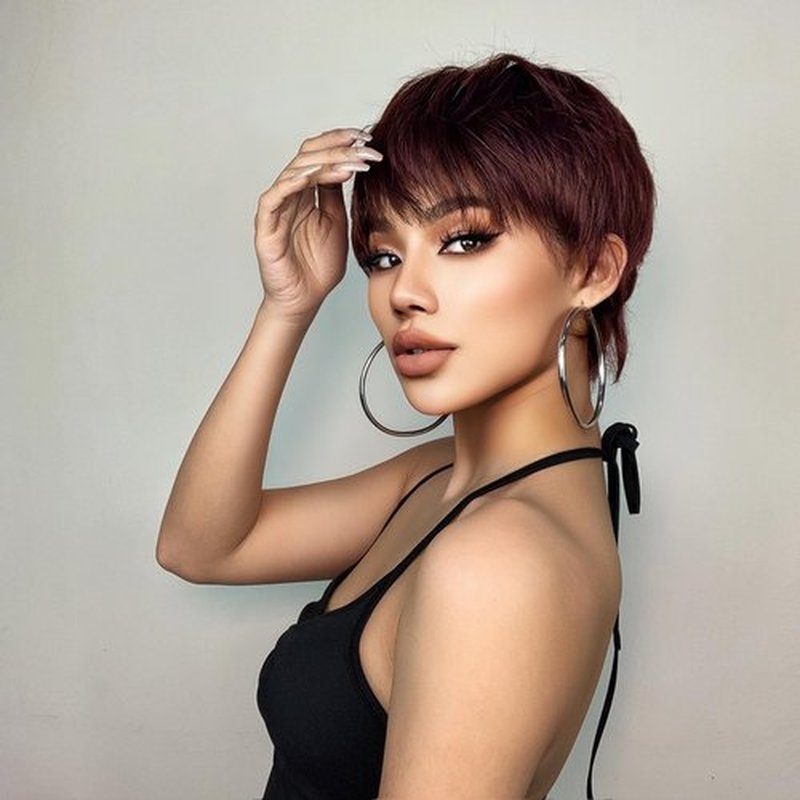 BERON Dark Wine Red Pixie Cut Wig for Women Burgundy Pixie Cut Bob Wig Short Straight Pixie Cut Wig with Bangs Synthetic Heat Resistnat Halloween Cosplay Daily Use