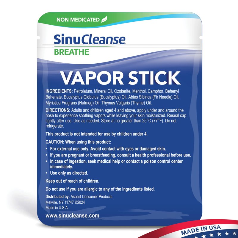SinuCleanse Vapor Stick, Solid Balm - Portable, Non-Medicated, Soothing Vapors. No Mess, Quick Dry, Moisturizing Formula, 0.11 Oz (2 Pack), Made in USA