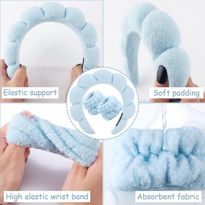 Zkptops Spa Headband for Washing Face Wristband Set Sponge Makeup Face Wash Blue Headband Wrist Towels Bubble Soft Sponge Hairband for Women Girls Puffy Winter Non Slip Thick Thin Hair Accessory