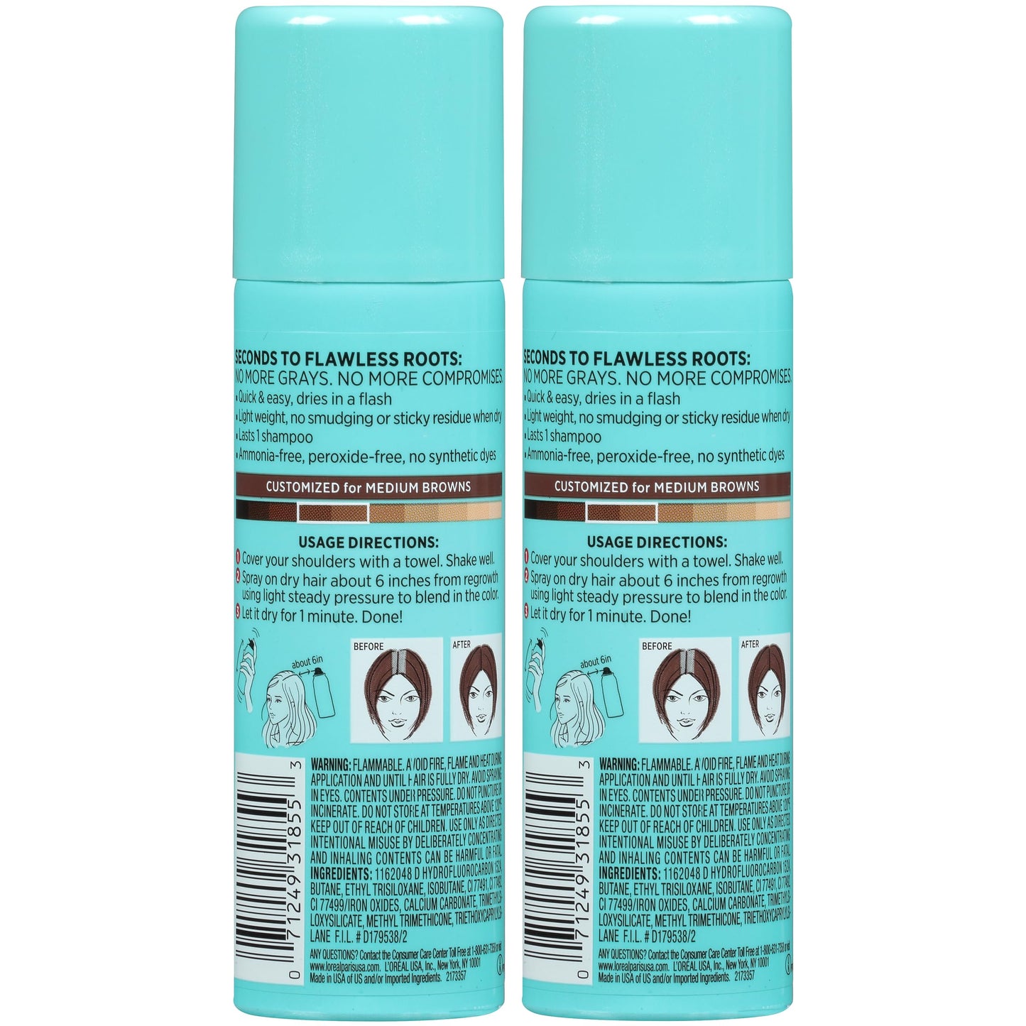 L'Oreal Paris Root Cover Up Temporary Gray Concealer Spray, Hair Color Spray with Filling & Thickening Coverage, Medium Brown, Pack of 2, Packaging May Vary