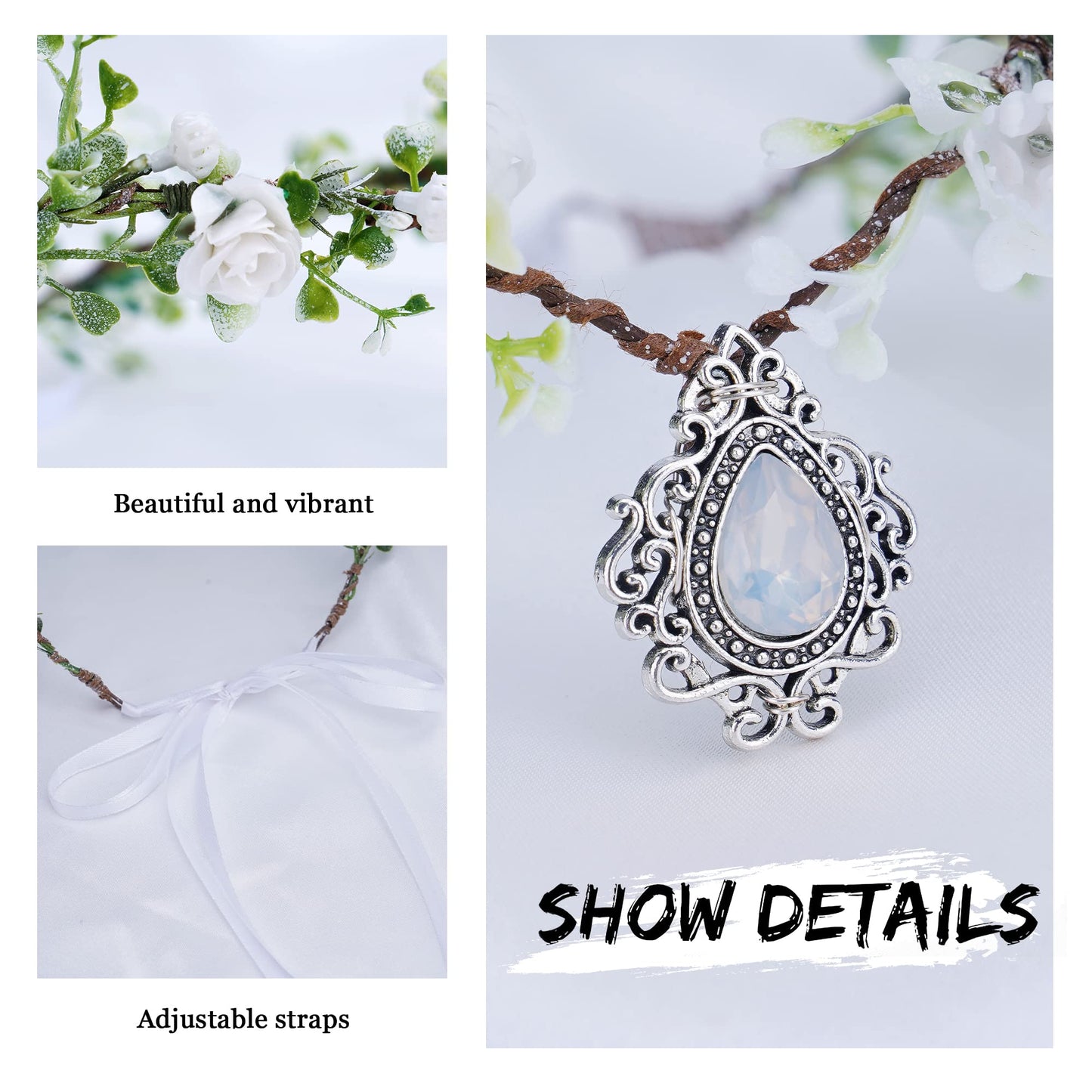 MOSTORY Woodland Fairy Flower Crown Girl - Floral Elf Headpiece with Crystal V-shape Elven Tiara Handmade for Women Bridal Variable Size Wreath Headband for Cosplay Halloween Christmas Party Wedding