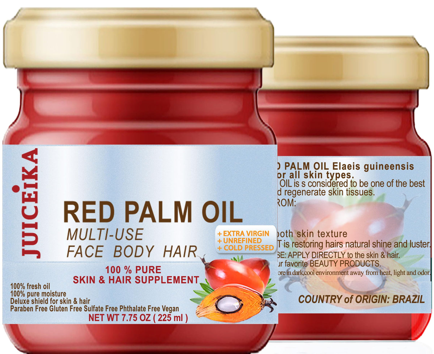 100% PURE ORGANIC RED PALM OIL Brazilian. EXTRA VIRGIN/UNREFINED/RAW COLD PRESSED. 100% Pure Moisture. Skin & Hair Supplement.