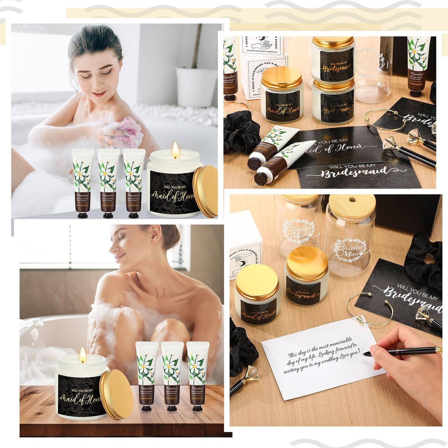 Teenyyou 60 Pcs Bridesmaid Proposal Gifts Bridesmaid Box Set, Maid of Honor Gifts Include Box Glass Cup Candle Cards Hair Ties Knotted Bracelets Hand Cream Diamond Pens(Black)