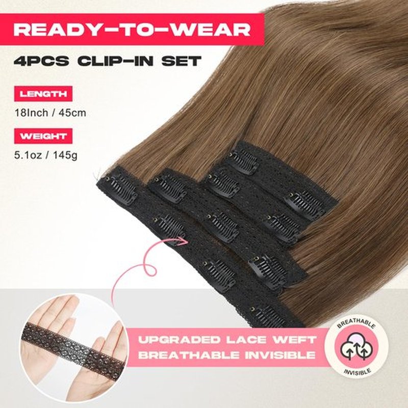 NTYNTY Hair Extensions, 4PCS 18" Clip in Hair Extensions Layered Cut Natural Lightweight Hairpieces with Thinner Softer Invisible Weft for Women - Light Brown