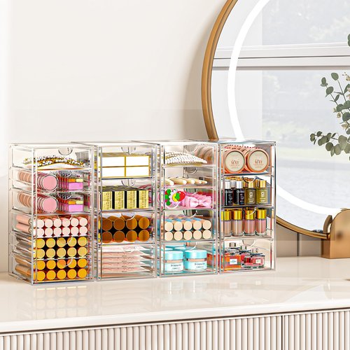 YFXCVSL Acrylic Makeup Organizer with 24 Drawers, 4 Pack Clear Bathroom Counter Organizer for Palettes, Cosmetic, and Beauty Supplies,Ideal for Vanity, Cabinet,Desk Organization