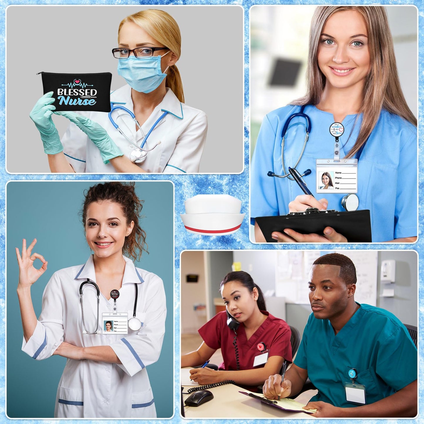 24 Pcs Nurse Week Gifts Set Nurse Accessories for Work Set Nurse Penlight Nurse Makeup Bags Cosmetic Bag Nurse Badge Reel Gifts for Nurse Nursing Student Christmas Gifts (Fresh Pattern)