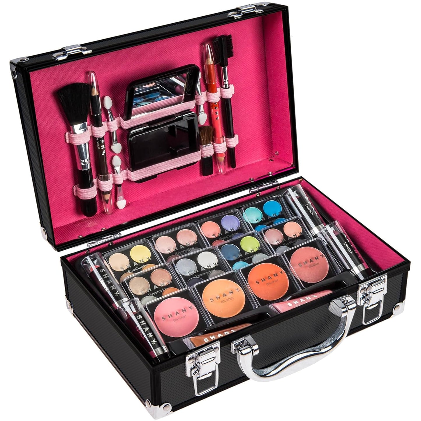 SHANY Carry All Make up Train Case with Pro Makeup Set, Beauty Brushes, Lipsticks, Eye Shadows, Blushes, Powders, and more - Reusable Cosmetics Storage Organizer - Premium Gift Packaging - Leopard
