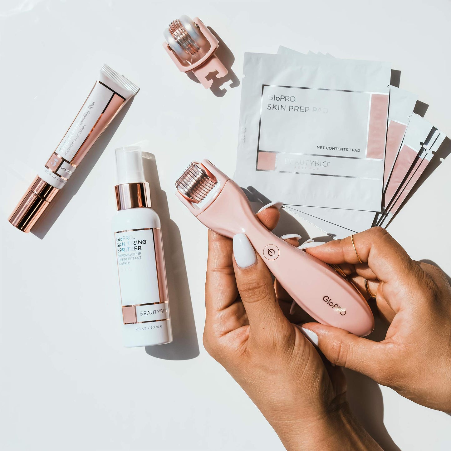GloPRO BeautyBio Tool: Blush Crush Set. Face and Lip Microneedling Rejuvenation Tool plus The Pout Volumizing Lip Serum