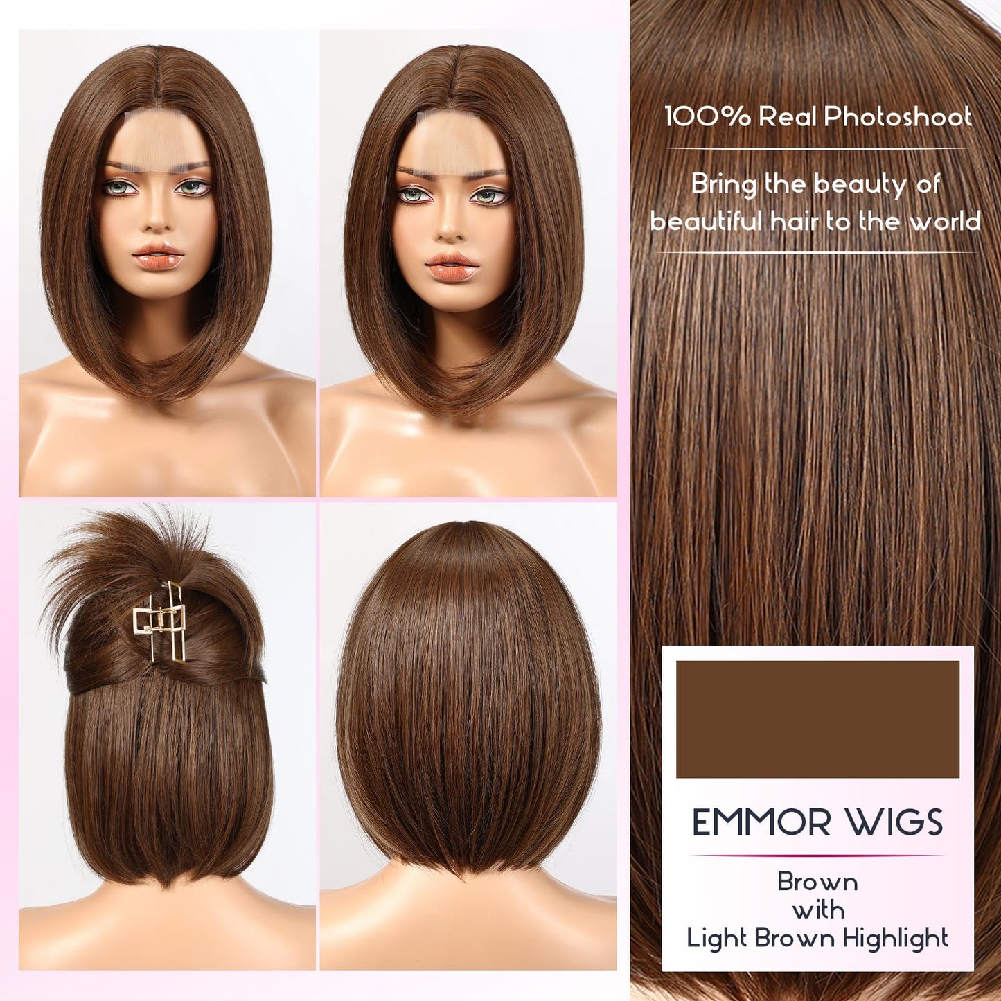EMMOR Short Bob Wigs,Natural Shoulder Length Central Lace Bob Wgs, Premium Heat-Resistant Synthetic Straight Wigs for Women Daily Use(Brown with Light Brown Highlight)