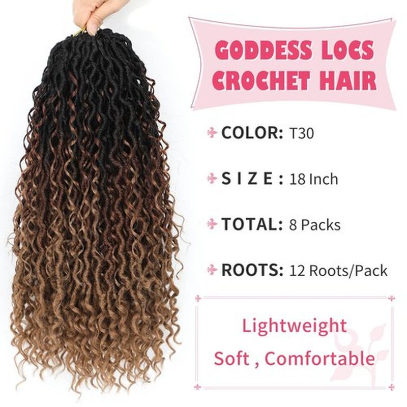 Alicoco Goddess Locs Crochet Hair 18 Inch 8 Packs Faux Locs Crochet Hair For Women Boho Soft Locs Pre-looped River Crochet Locs With Curly Ends (18 Inch (Pack of 8), T30)