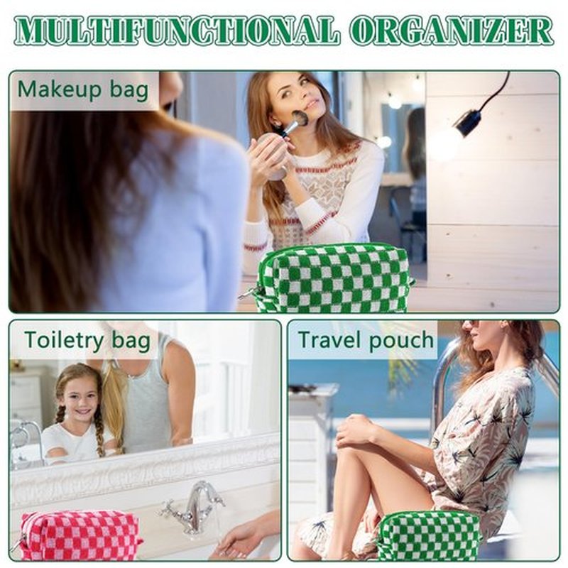 ZLFSRQ 2Pcs Checkered Makeup Bag for Women Medium Travel Cosmetic Bag Makeup Pouch for Purse Zipper Toiletry Bag Organizer Cute Y2K Aesthetic Trendy Adults Makeup Brushes Storage Case(Pink/Green)