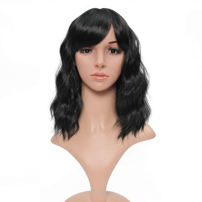 VCKOVCKO Bob Wave Wig With Air Bangs Natural Black Natural Curly Wavy Short Bob Wigs Women's Shoulder Length Wigs Synthetic Cosplay for Girl Colorful Wigs,1B