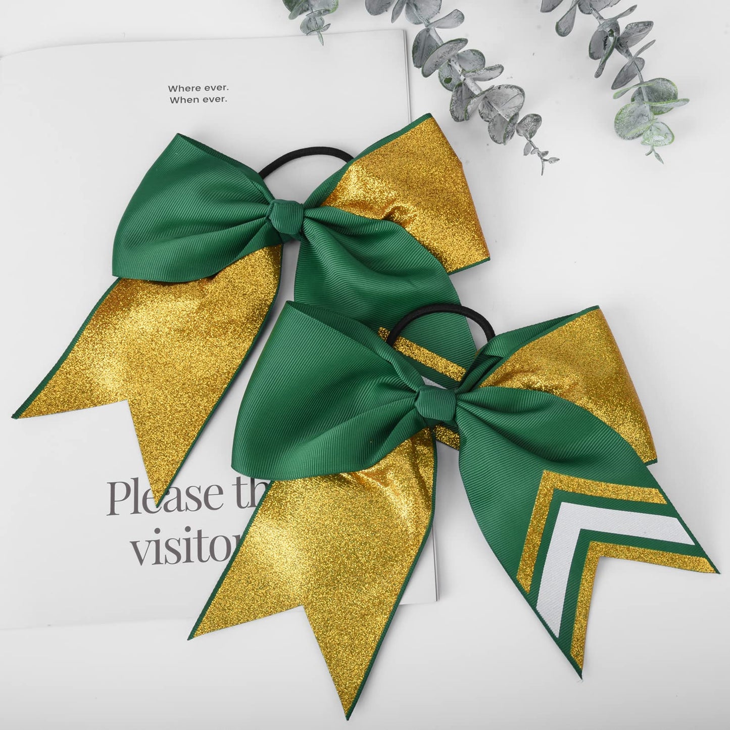DEEKA 8PCS 8" Two Toned Large Glitter Cheer Bows Shiny Cheer Hair Bows Ponytail Holder Handmade for Cheerleader Girls Softball Sports -g Gold/Green