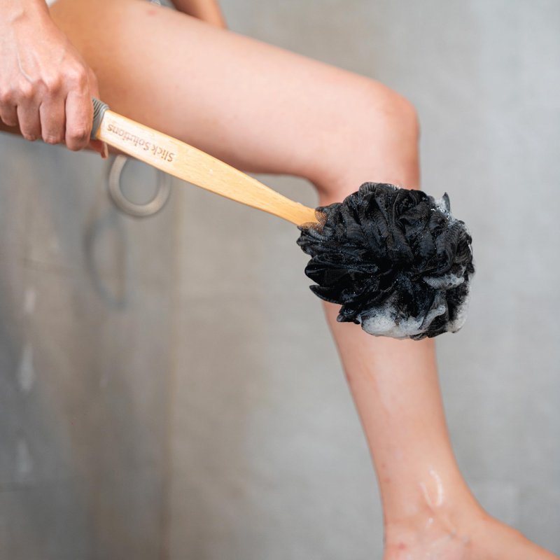 Slick- Loofah with Handle, 17", Gray, Loofah Back Scrubber with Long Wooden Handle, Shower Supplies